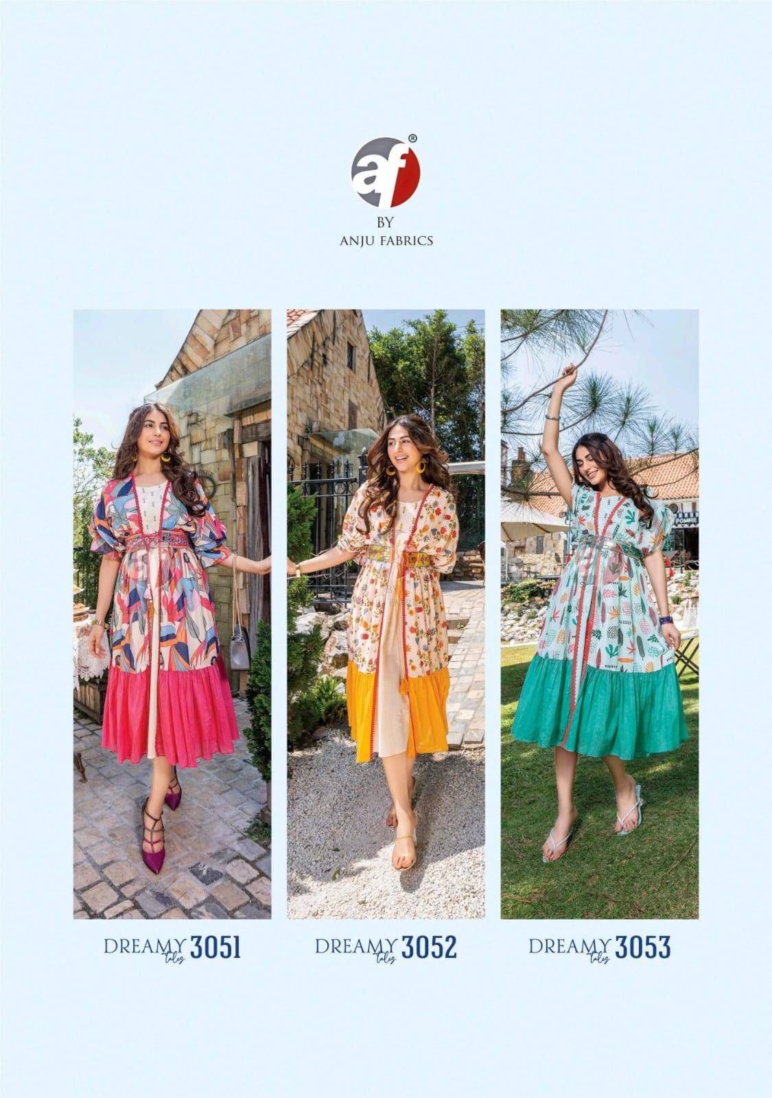 Dreamy tales by Anu fabrics 3051 TO 3053 SERIES Indian PURE MAL COTTON party wear kaftan jacket with midi stitched dresses At Wholesale Price